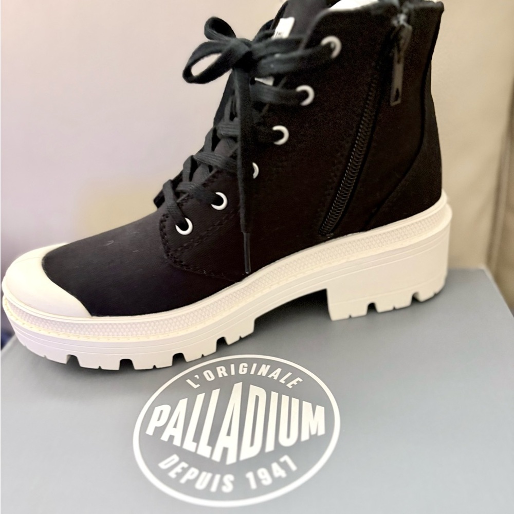 Palladium Women's Black Lace-Up Boots with White Sole